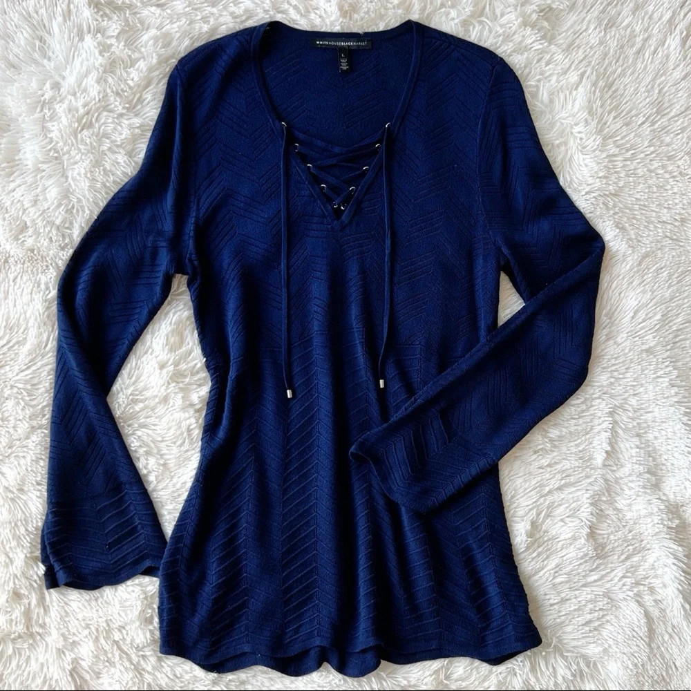 WHBM White House Black Market navy blue tunic sweater Sz L lace up front